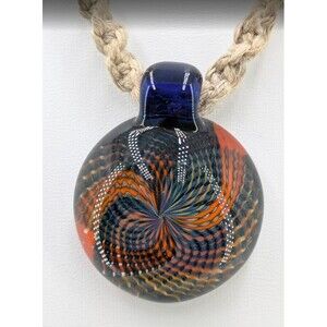 Art Glass Vortex Implosion Pendant Necklace Orange Blue Hemp Cord 21 Inch 34mm